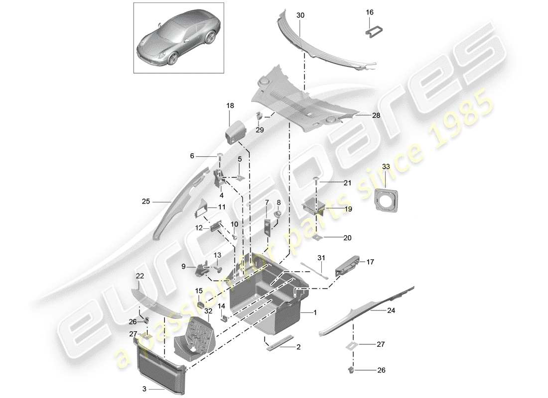 porsche 991 (2012) luggage compartment part diagram