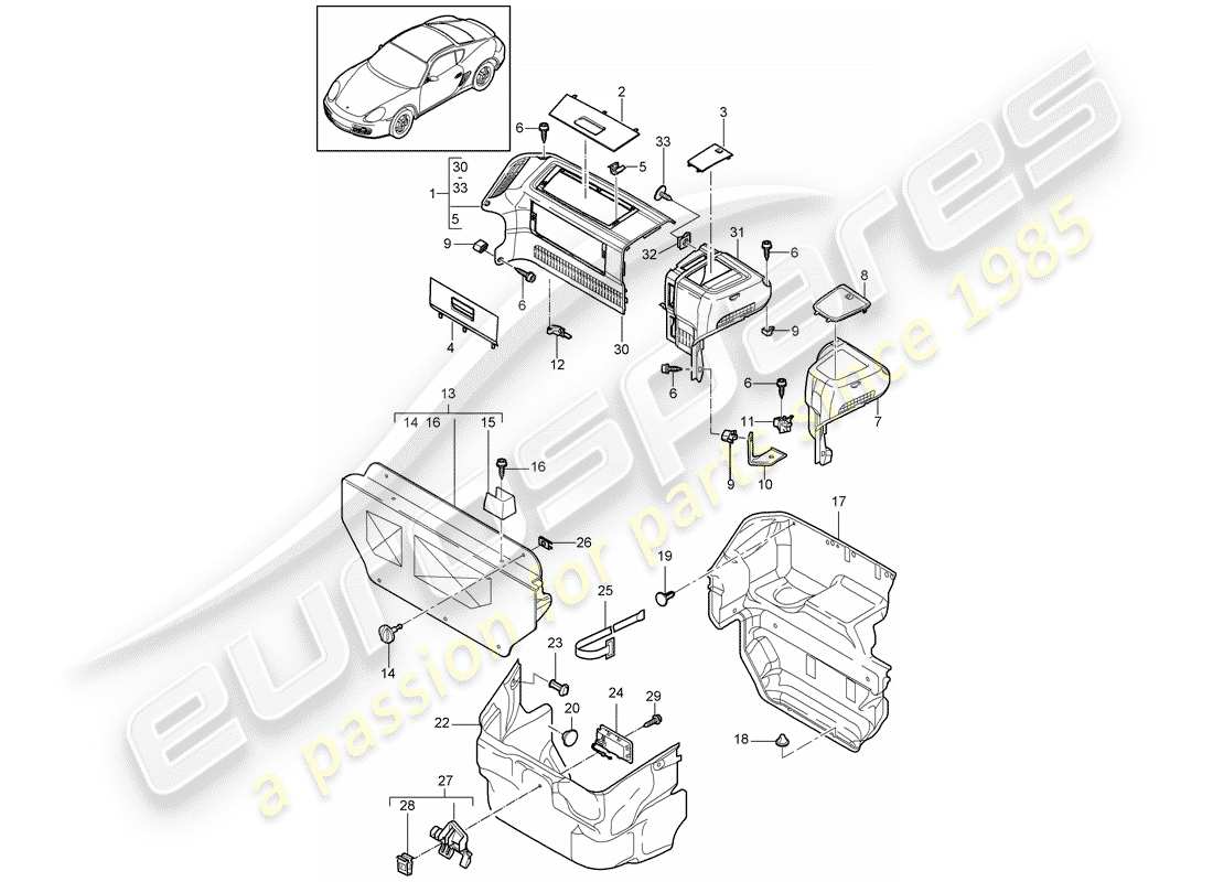 porsche cayman 987 (2012) luggage compartment part diagram