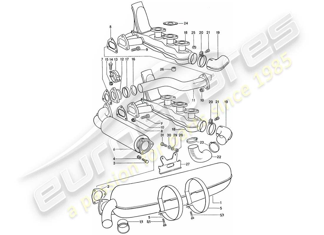 porsche 911 (1977) exhaust system - d - mj 1975>> part diagram