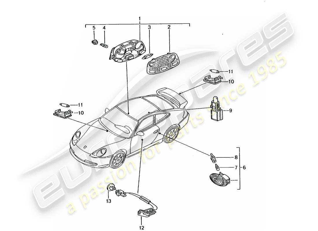 porsche 996 gt3 (2004) interior light - luggage compartment lamp - engine compartment light - glove box light - door handle ilumination - interior release part diagram