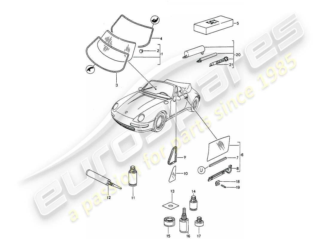 porsche 993 (1998) window glazing part diagram