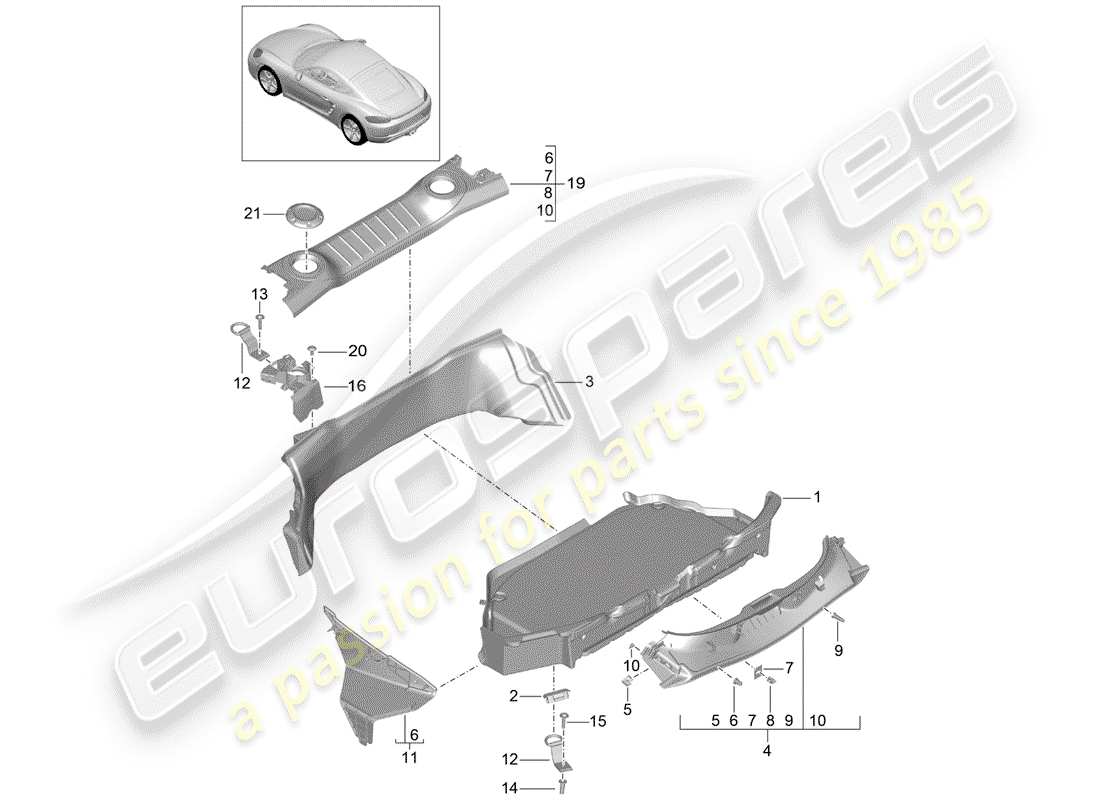 porsche 718 cayman (2018) boot lining parts diagram