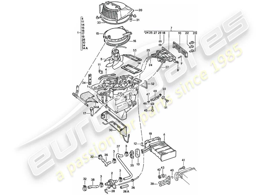 porsche 924 (1980) heater - heater core - f >> 92-cn402 197 - f >> 93-cn100 305 - f >> 93-bn700 450 part diagram