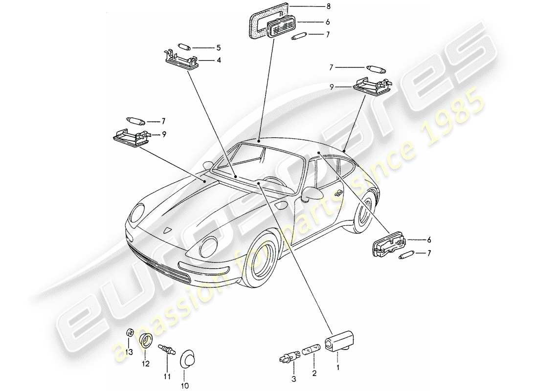 porsche 993 (1997) interior lights - luggage compartment lamp - engine compartment light part diagram