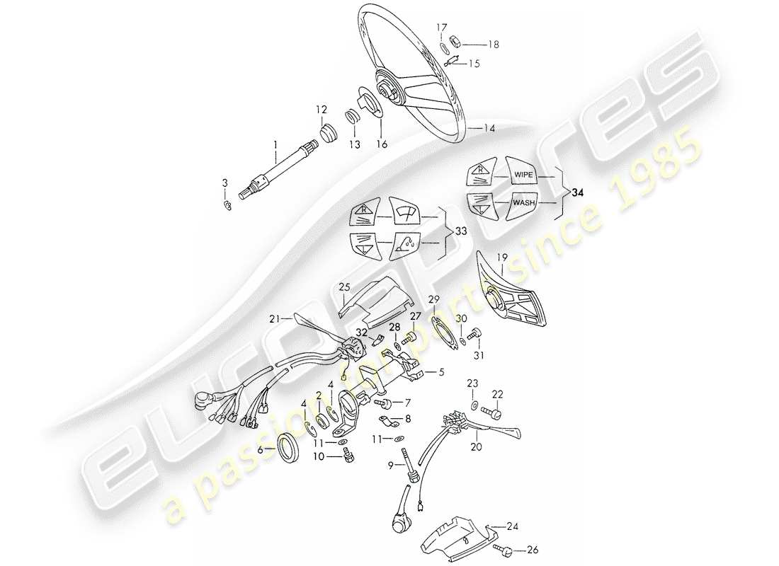 porsche 911 (1972) intermediate steering shaft - steering wheel - steering column switch part diagram