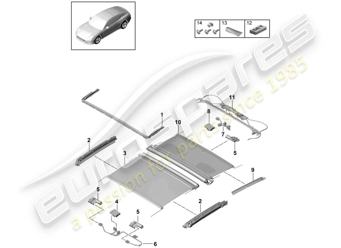 porsche panamera 971 (2019) glass sliding roof parts diagram