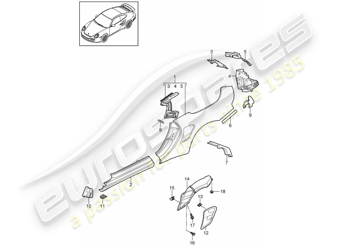 porsche 911 t/gt2rs (2011) side panel parts diagram