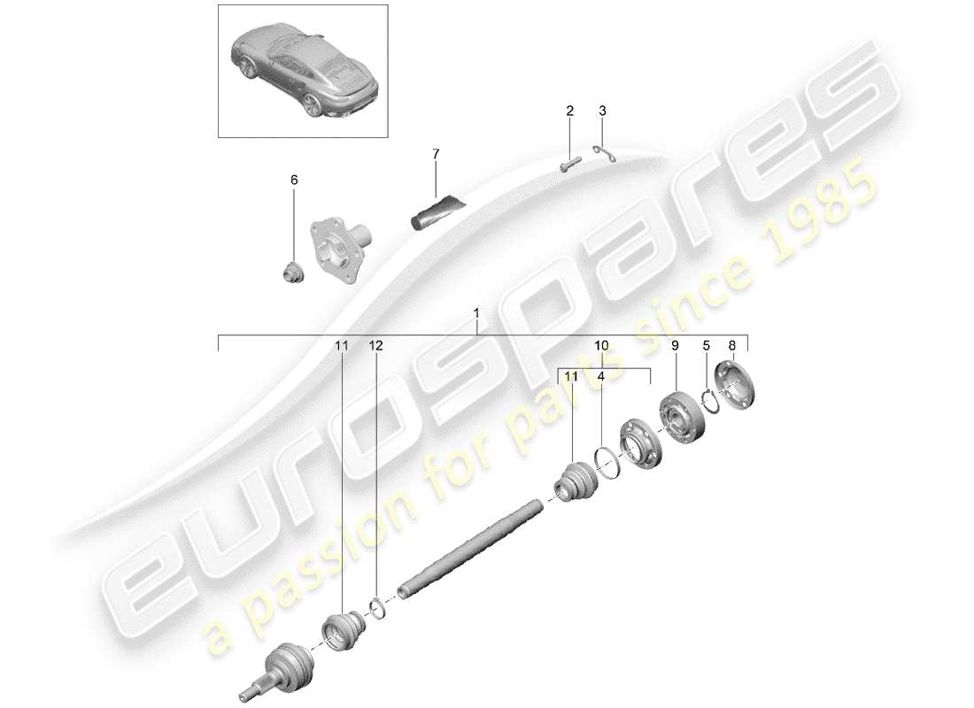 porsche 991 t/gt2rs drive shaft part diagram