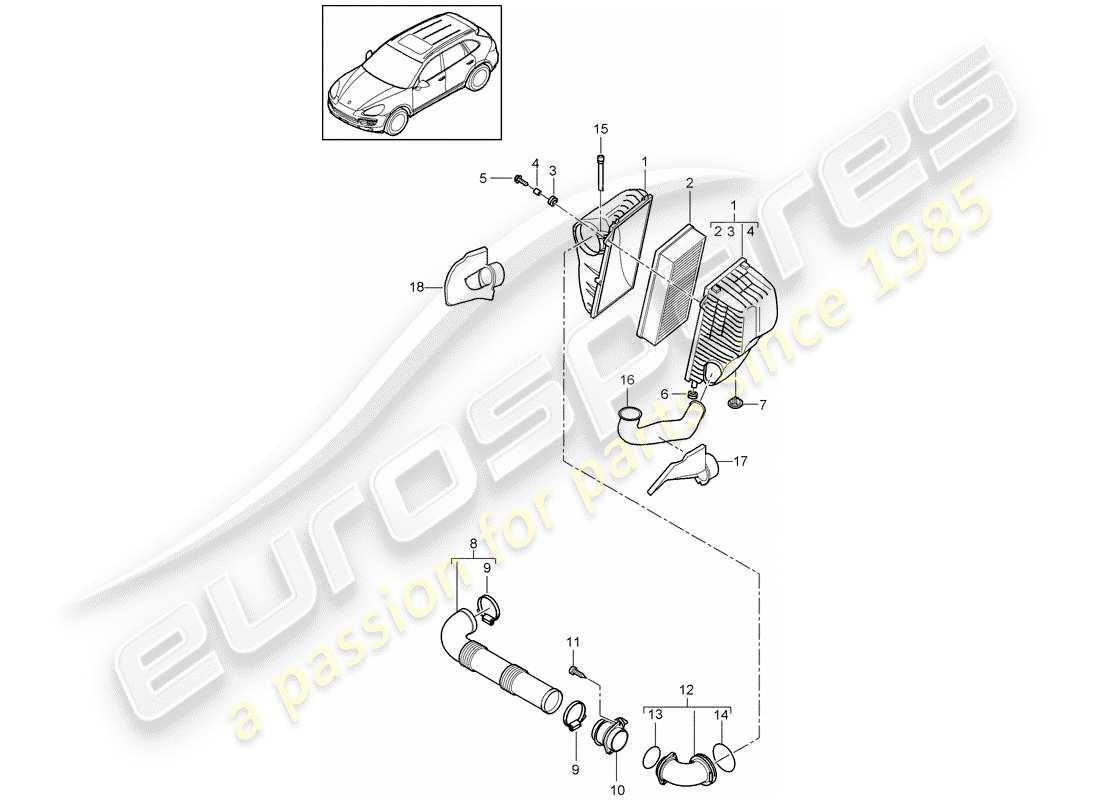 porsche cayenne e2 (2018) air cleaner with connecting part diagram