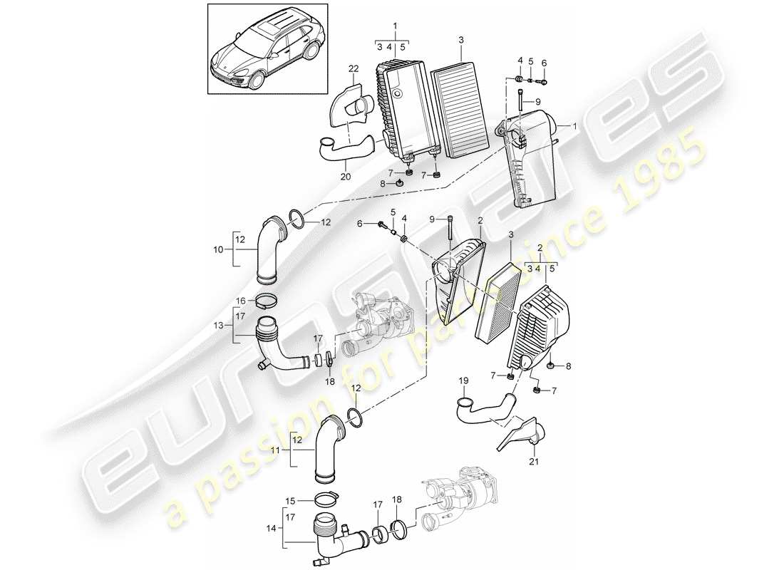 porsche cayenne e2 (2013) air cleaner with connecting part diagram