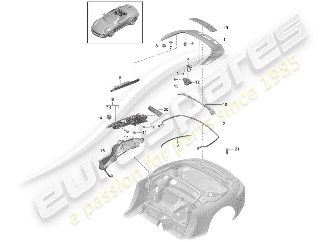 porsche 991 turbo (2020) top stowage box parts diagram