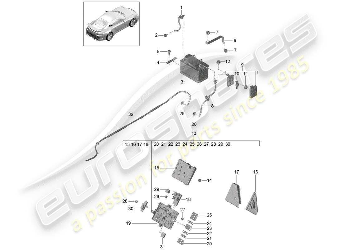 porsche 991r/gt3/rs (2020) battery parts diagram