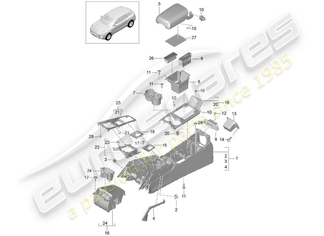 porsche macan (2014) center console parts diagram