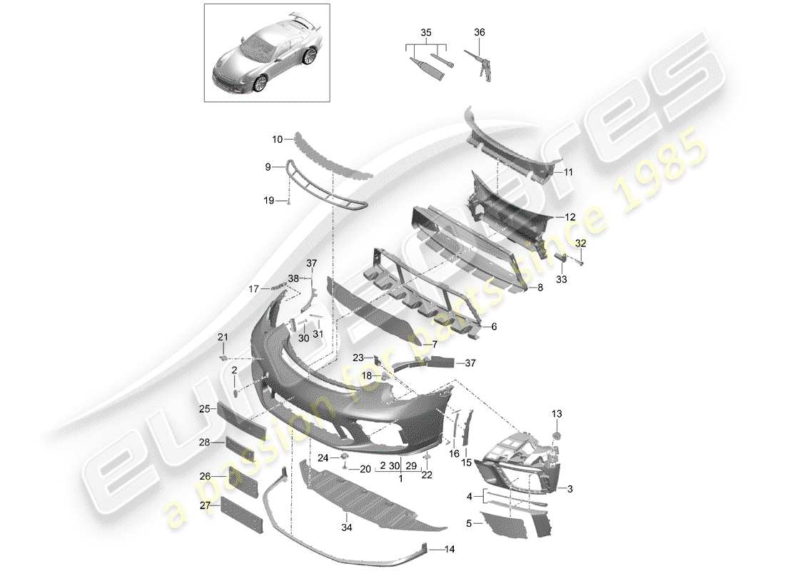 porsche 991r/gt3/rs (2019) bumper parts diagram
