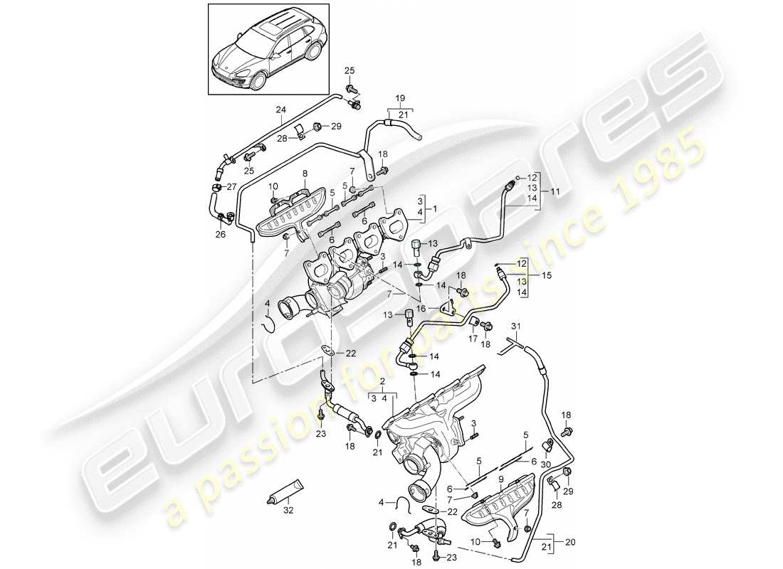 porsche cayenne e2 (2011) exhaust gas turbocharger part diagram