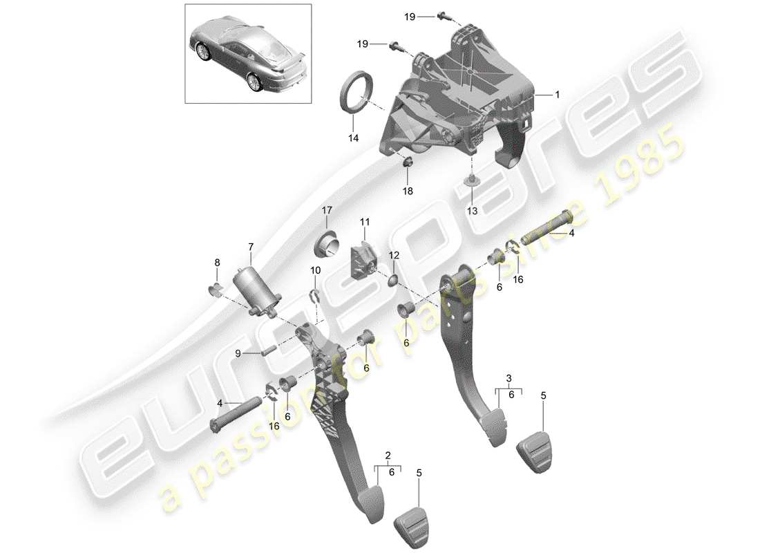 porsche 991r/gt3/rs (2020) brake and acc. pedal assembly parts diagram