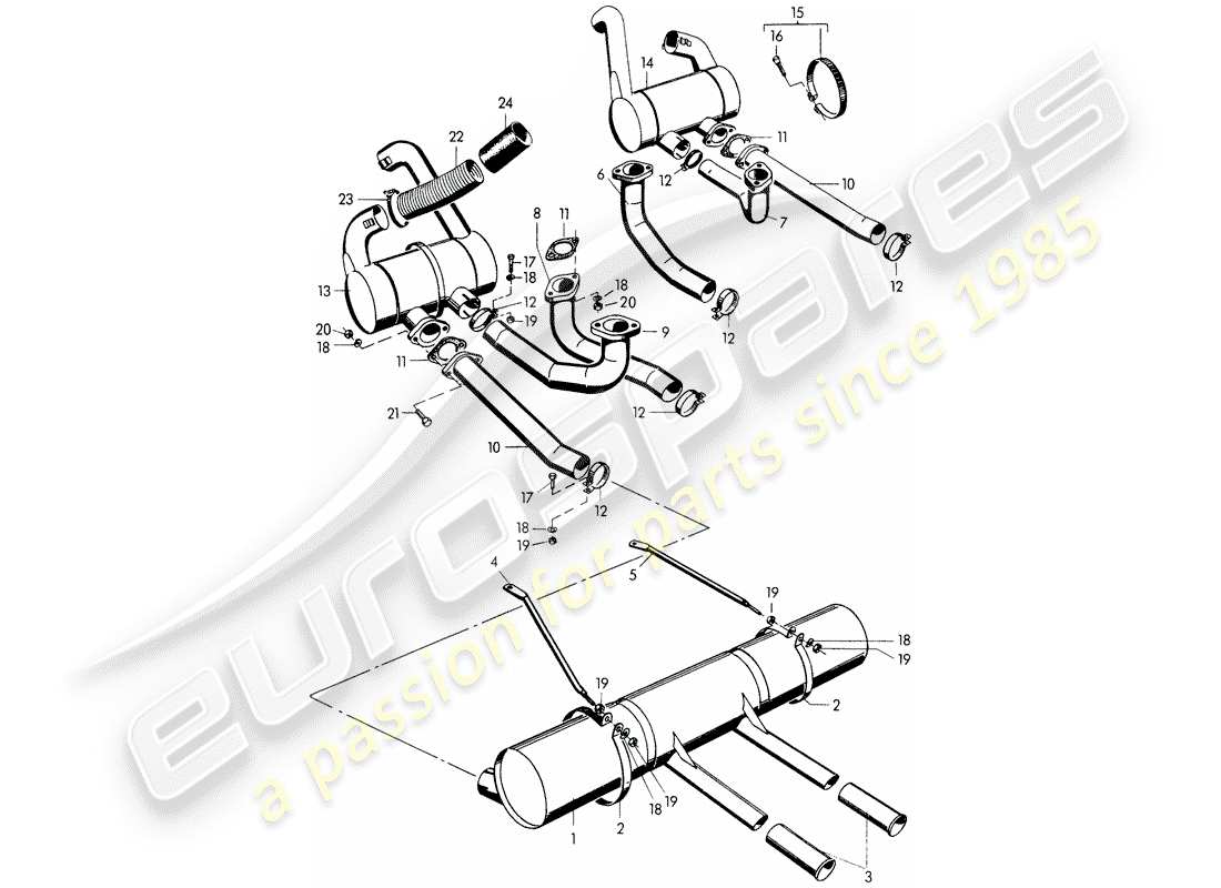 porsche 356/356a (1957) exhaust system - m 90 501 >> 91 000 parts diagram