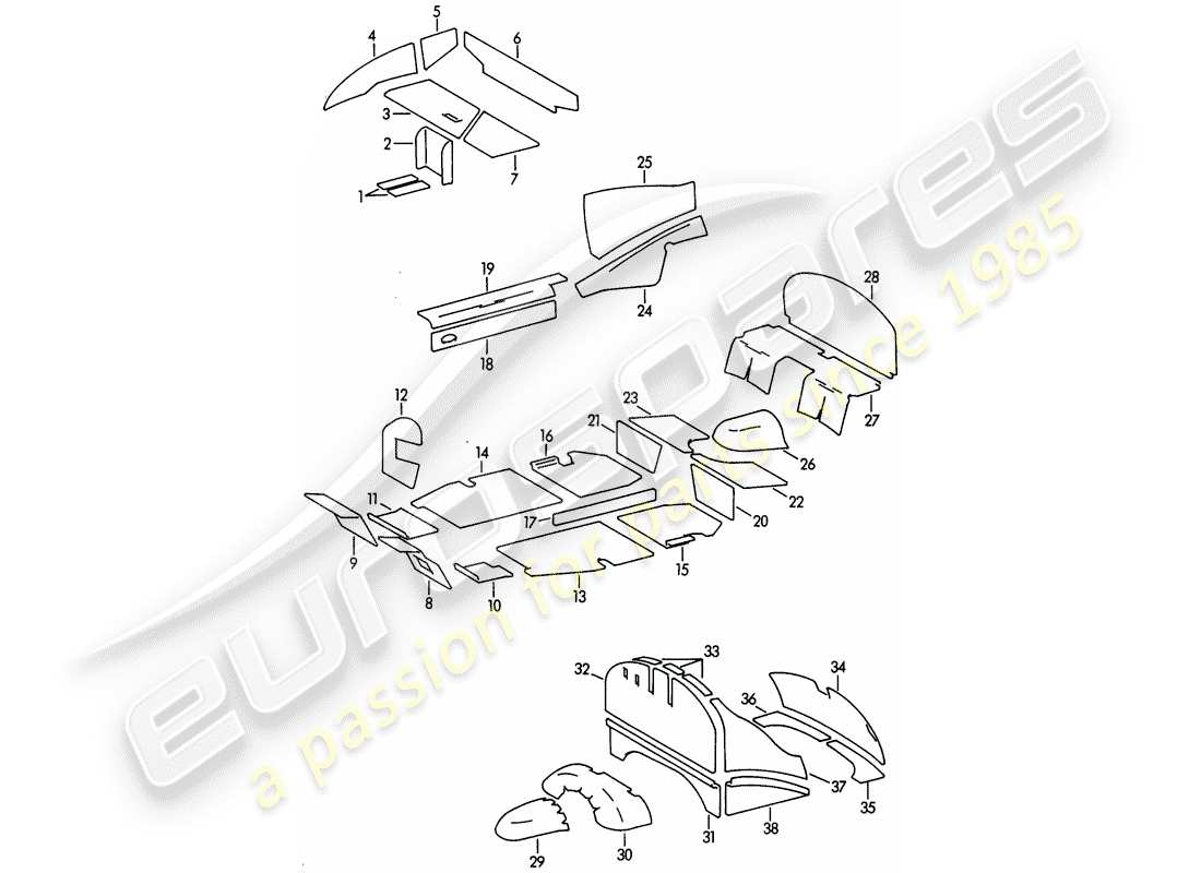 porsche 356b/356c (1961) body shell - damping mat part diagram