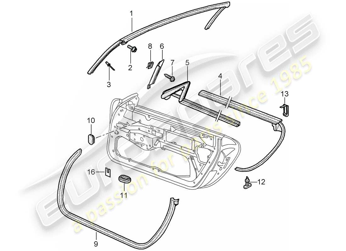 porsche 996 (2004) door seal - gasket - windshield frame parts diagram