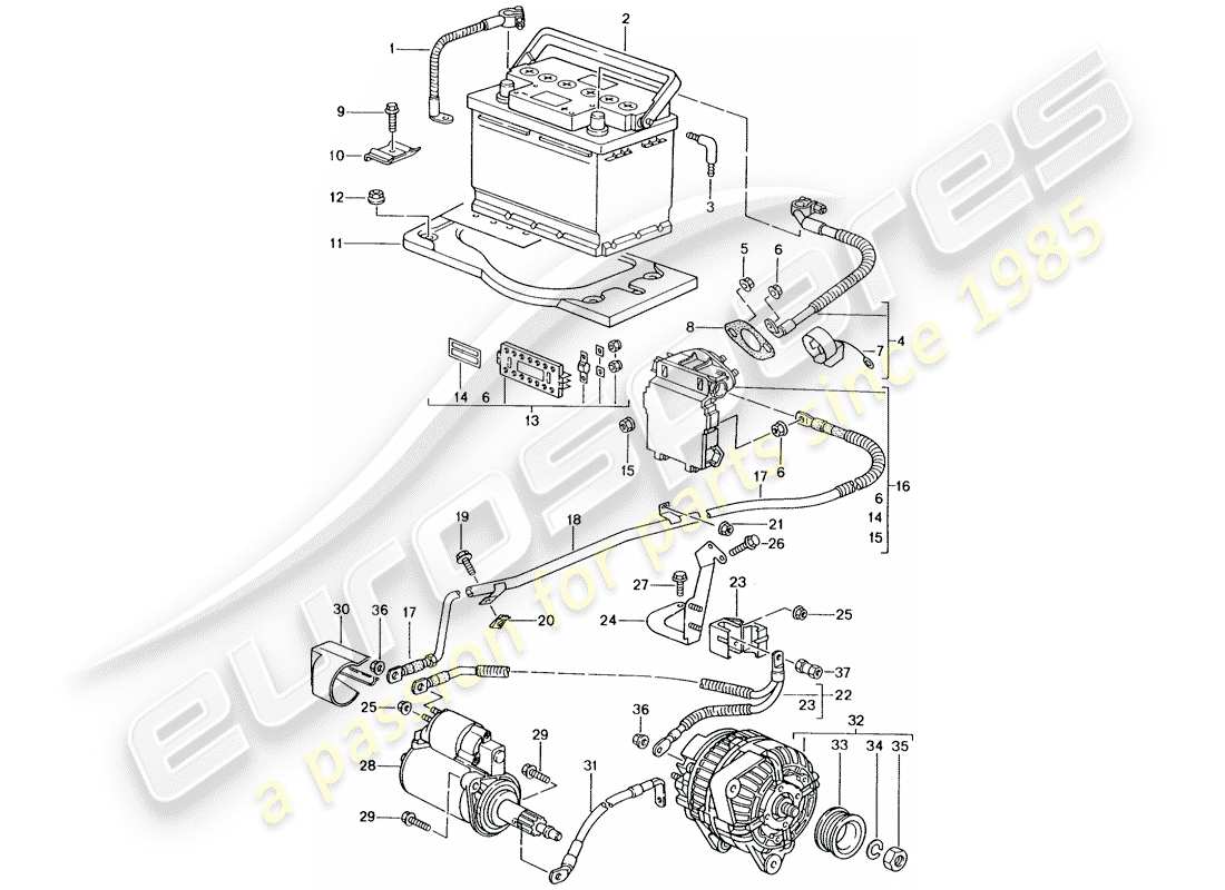 porsche 996 gt3 (2001) battery - junction box - starter - alternator - main battery switch part diagram