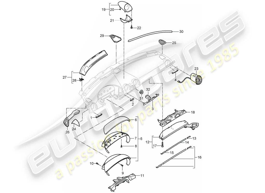 porsche cayman 987 (2008) dash panel trim parts diagram