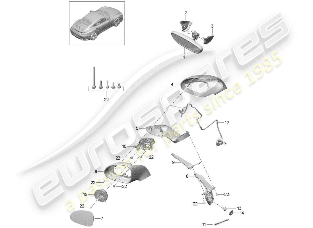porsche 991 turbo (2019) rear view mirror inner parts diagram