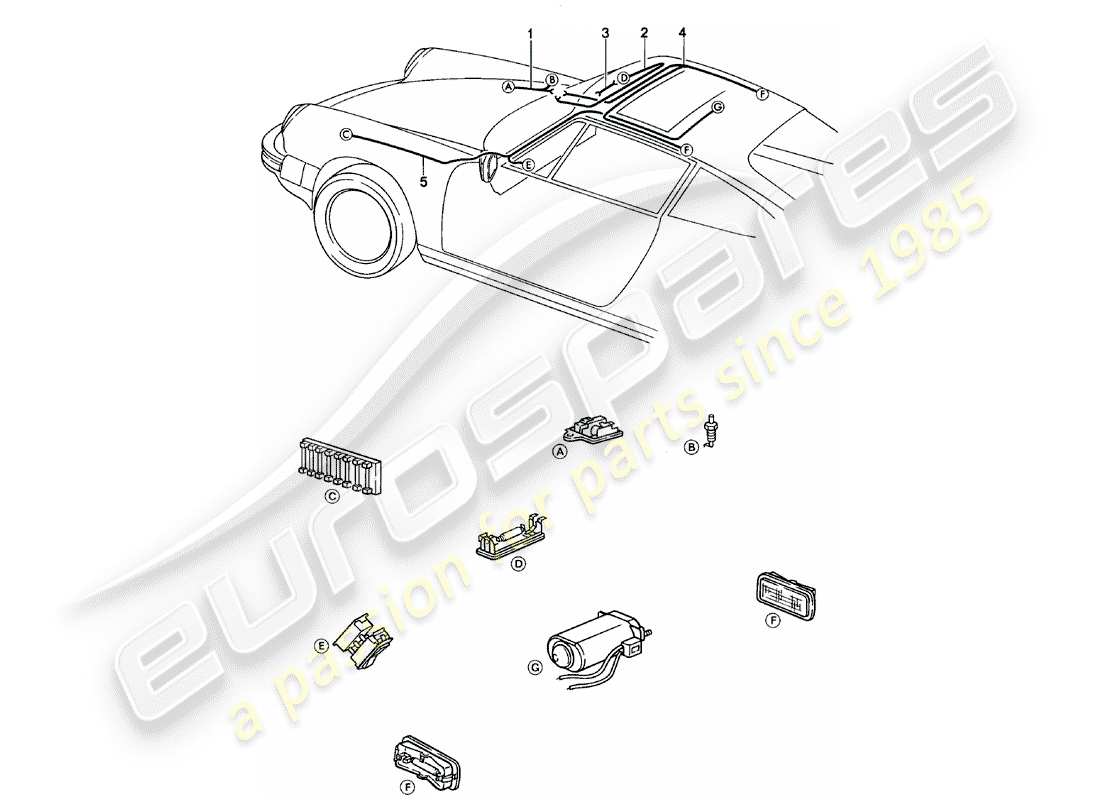 porsche 911 (1980) wiring harnesses - front luggage compartment - interior lights - sunroof part diagram