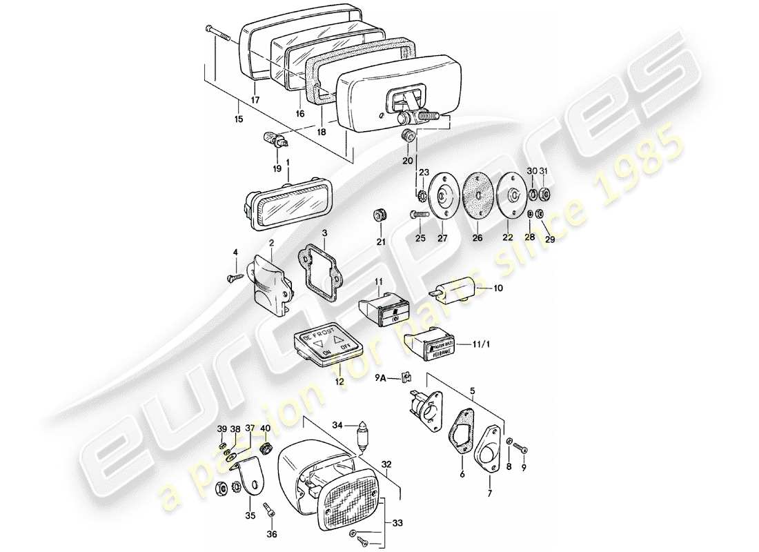 porsche 911 (1983) interior lights - fog lights parts diagram