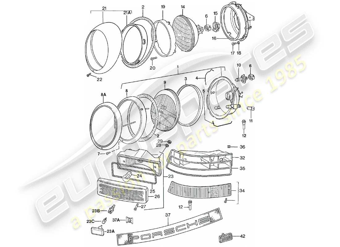 porsche 911 (1983) headlamp - lighting parts diagram