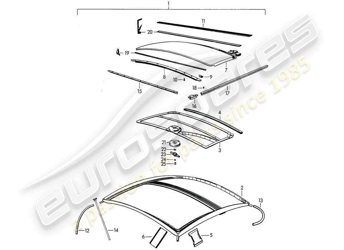 porsche 356b/356c (1961) sunroof - mechanical part diagram