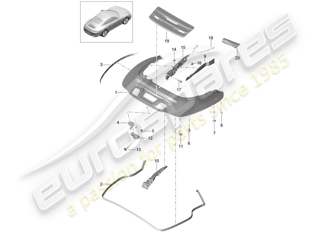 porsche 991 gen. 2 (2019) top stowage box part diagram