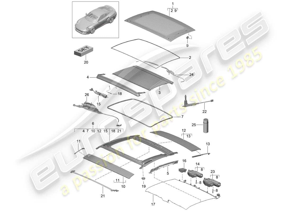 porsche 991 t/gt2rs glass roof part diagram