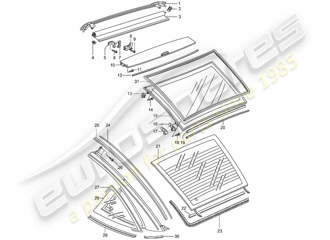 porsche 993 (1997) glass roof part diagram