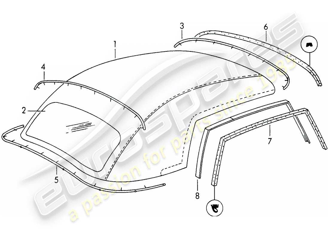 porsche 356/356a (1958) convertible top covering parts diagram