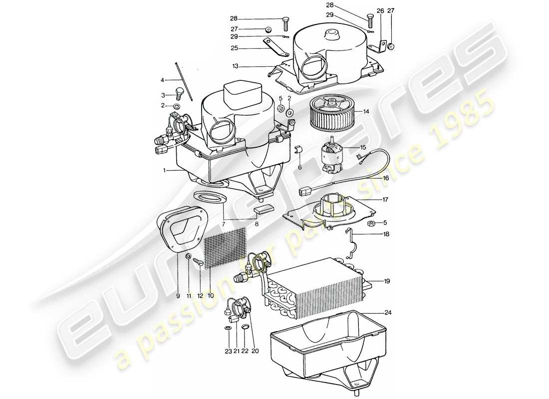 porsche 911 (1977) air conditioner - evaporator - evaporator housing - accessories part diagram