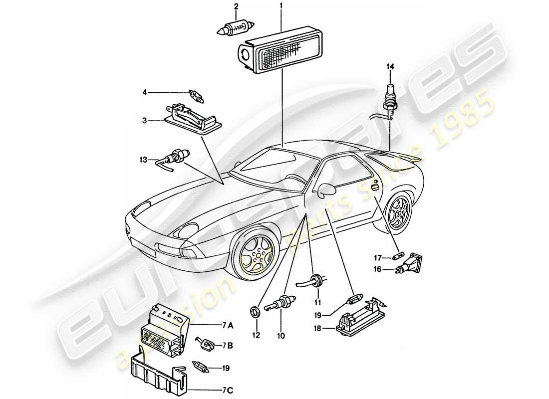 porsche 928 (1992) interior light parts diagram