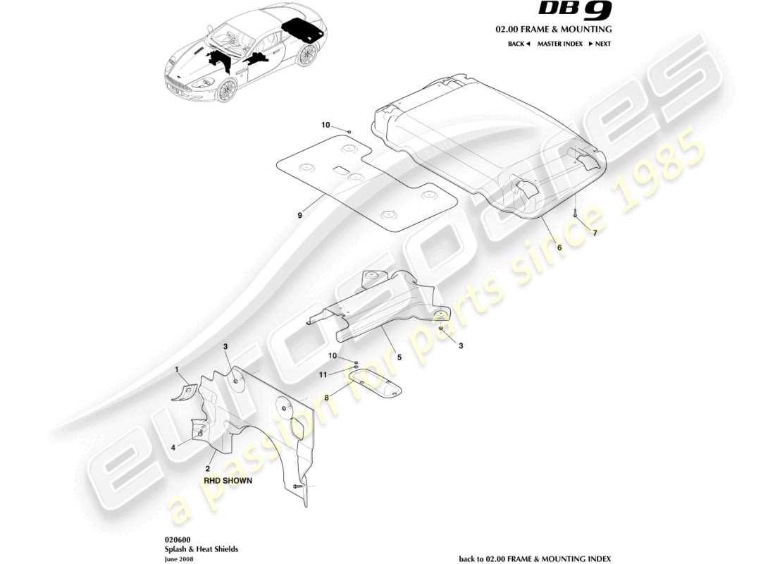 aston martin db9 (2008) splash & heat shields part diagram