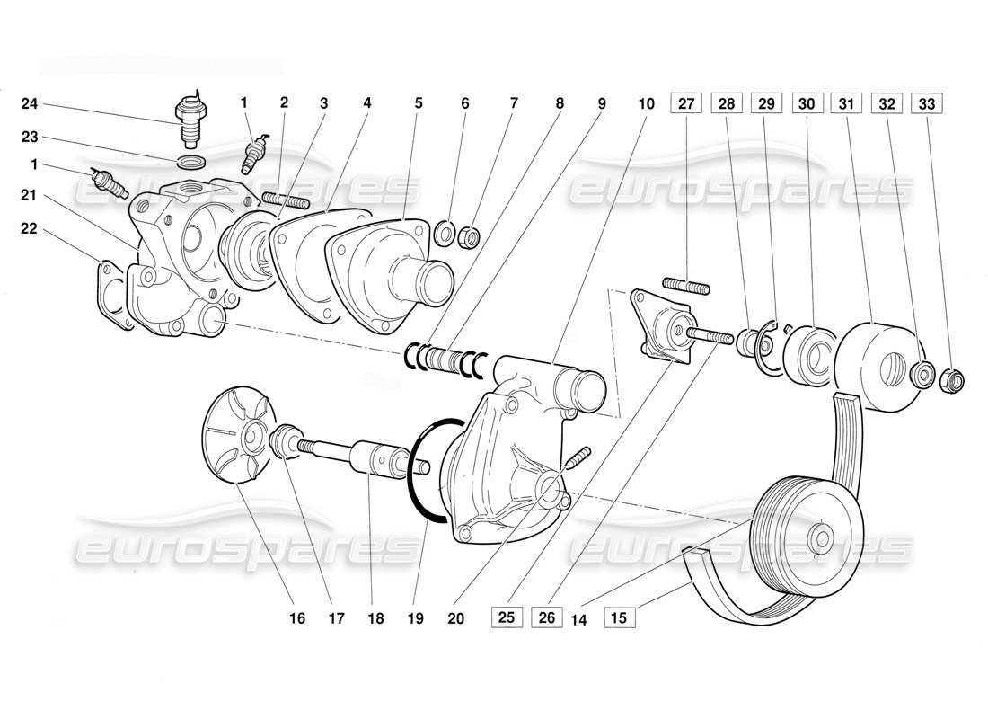 lamborghini diablo (1991) thermostat and water pump (valid for june 1992 version) part diagram