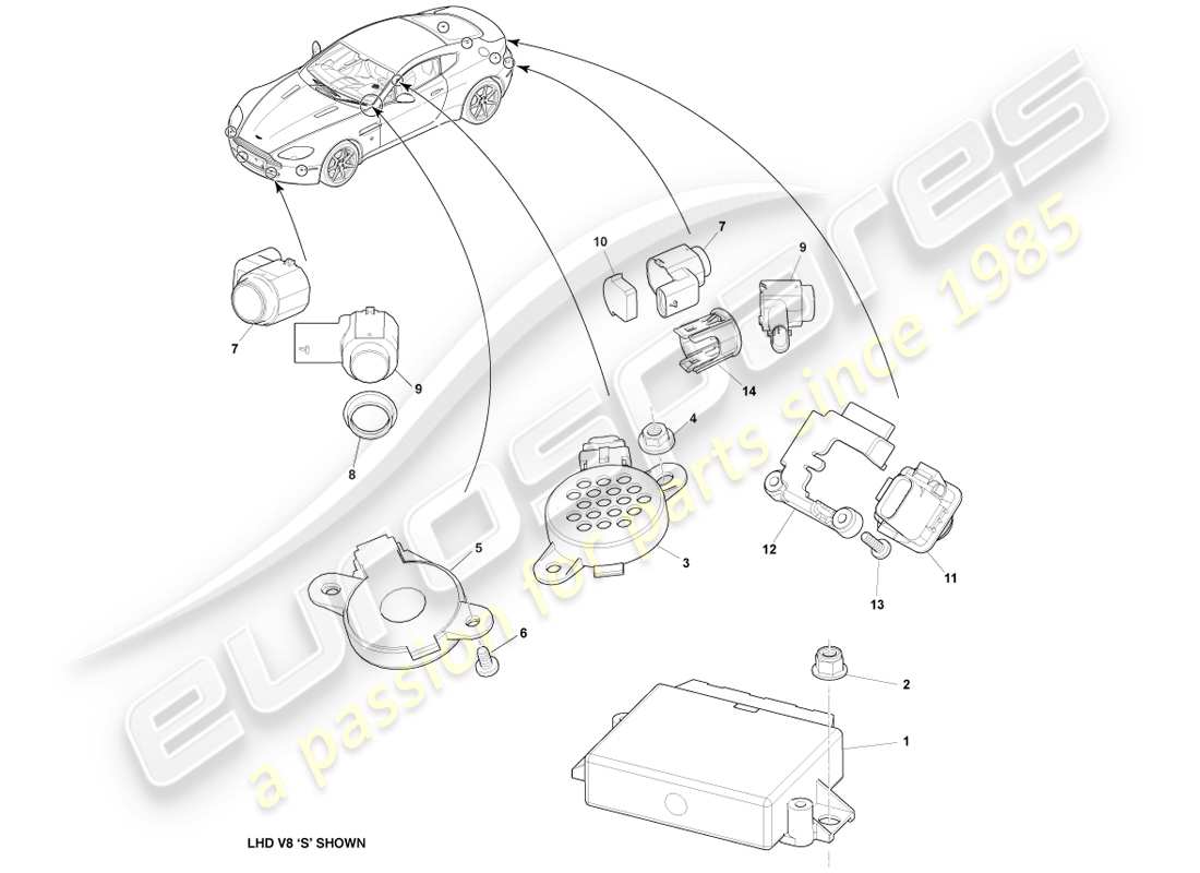 aston martin v8 vantage (2005) parking aid sensors part diagram