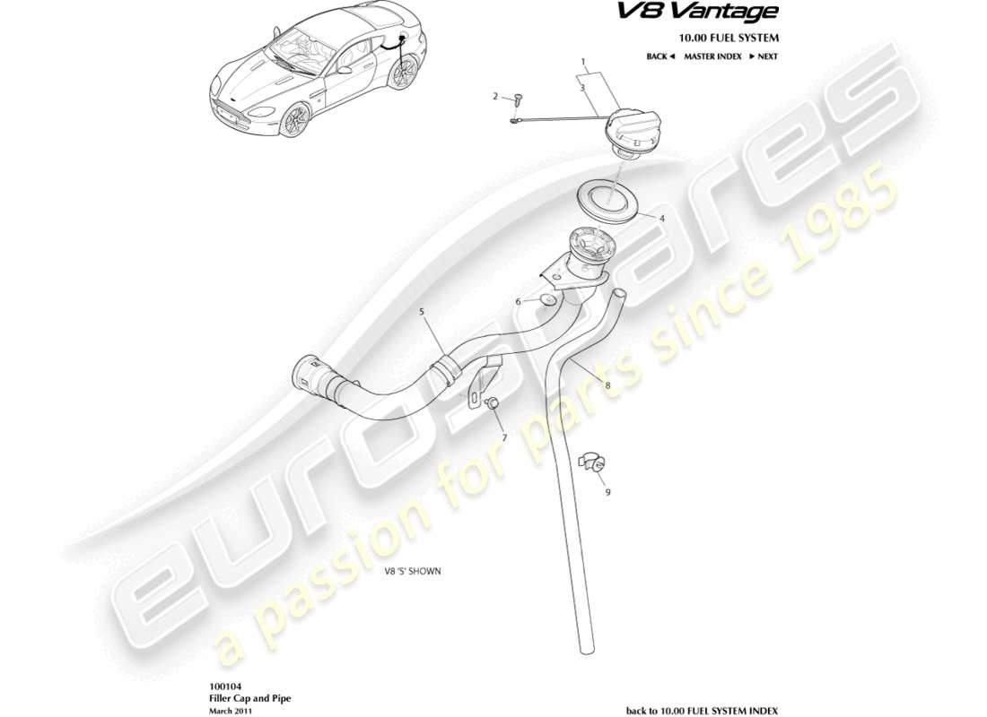 aston martin v8 vantage (2014) fuel filler cap & pipe part diagram