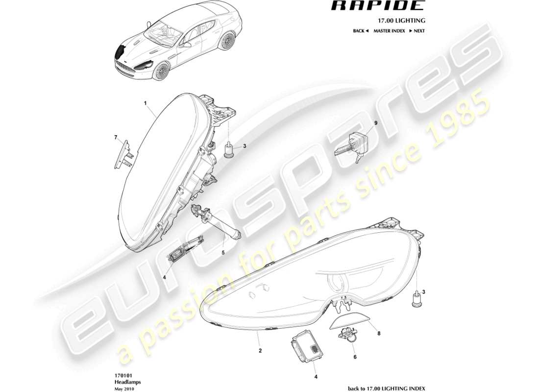 aston martin rapide (2010) headlights parts diagram