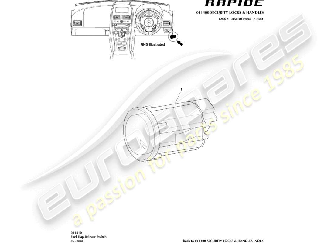 aston martin rapide (2011) fuel filler release switch part diagram