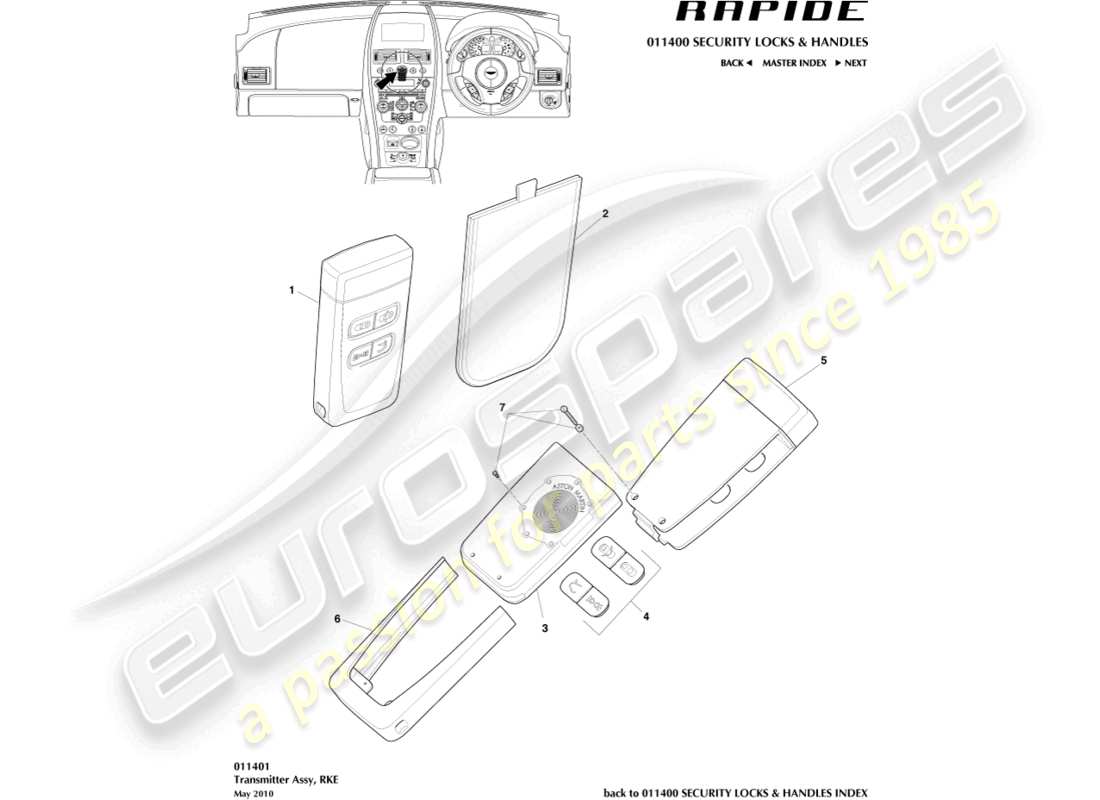 aston martin rapide (2011) rke transmitter part diagram