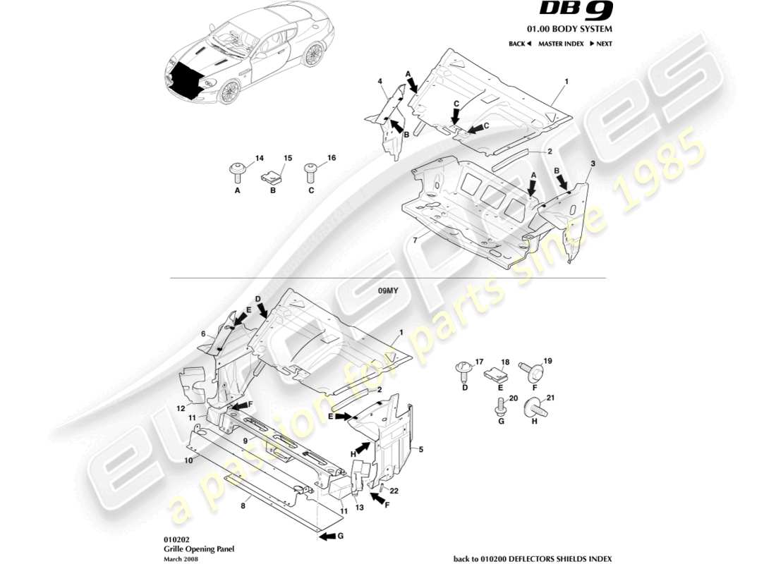 aston martin db9 (2007) grille opening panel part diagram