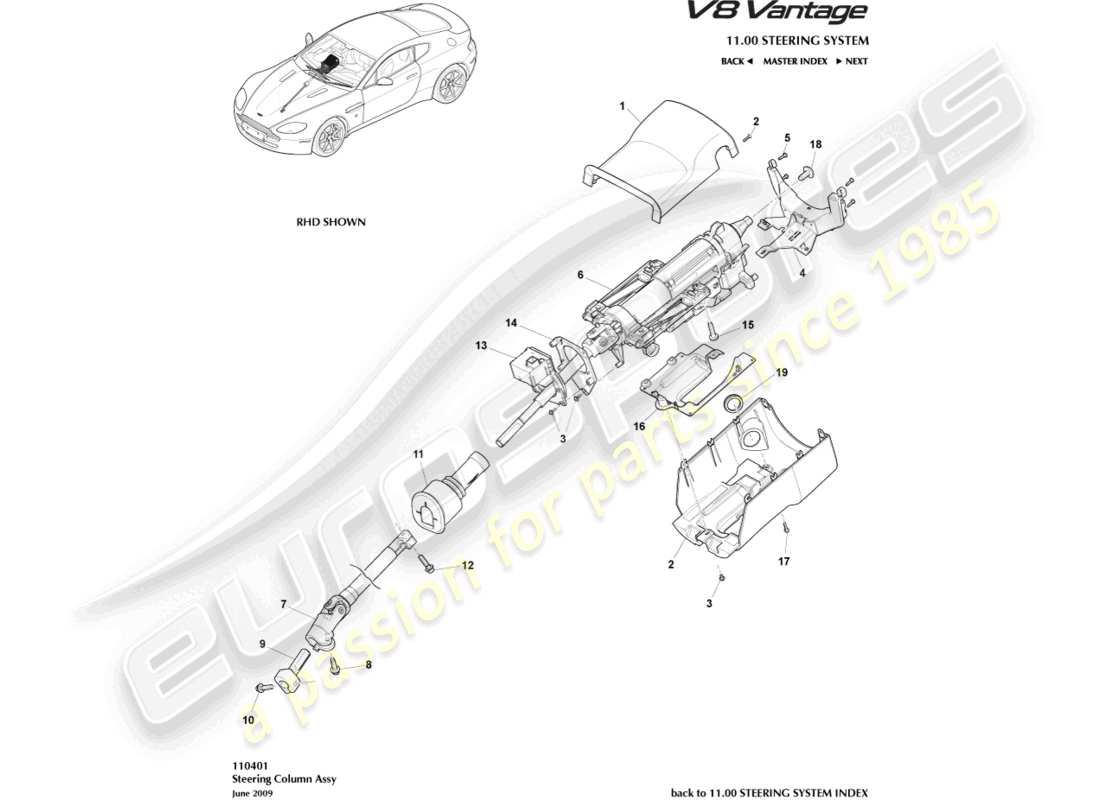 aston martin v8 vantage (2016) steering column assembly part diagram