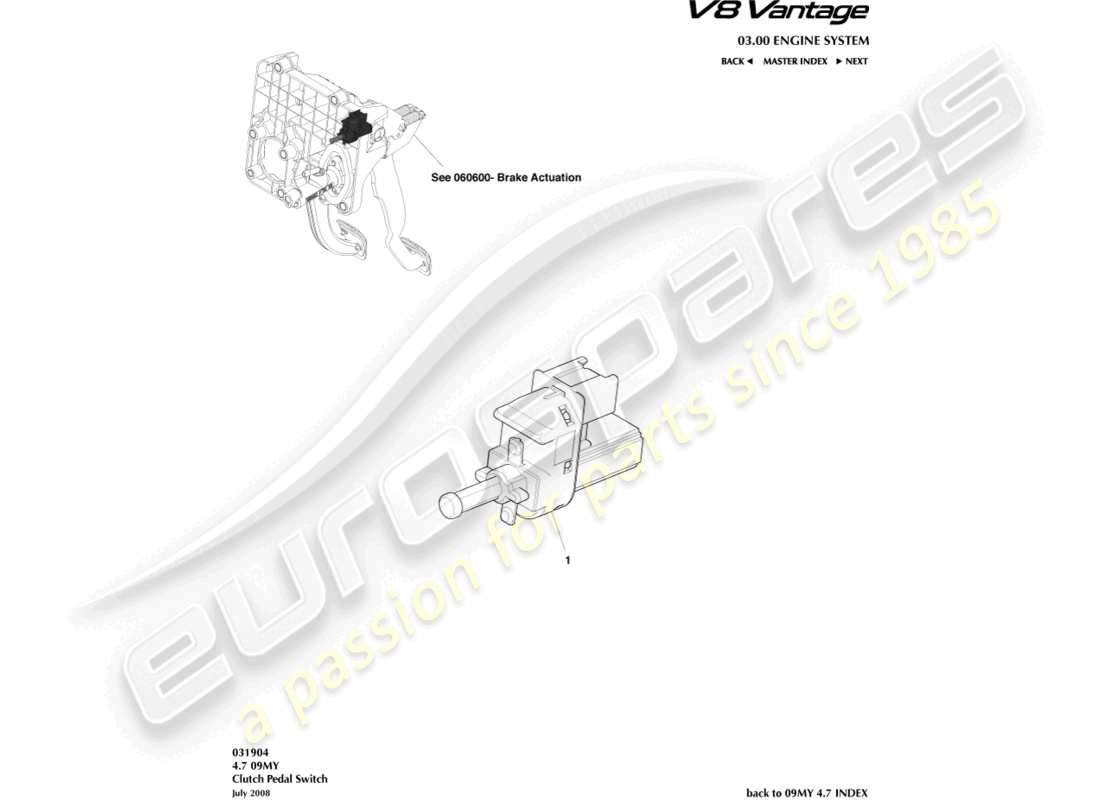 aston martin v8 vantage (2009) clutch pedal switch part diagram