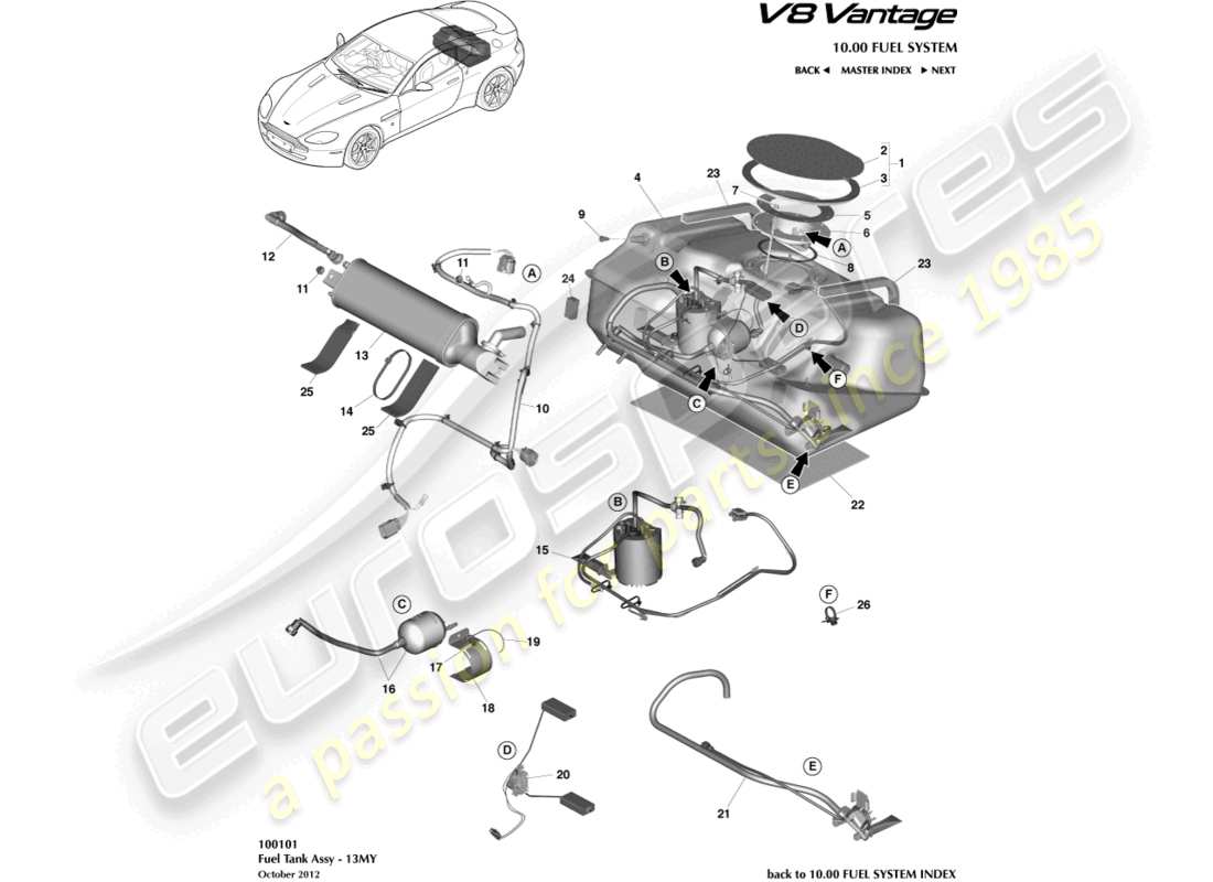 aston martin v8 vantage (2010) fuel tank assy, 13my on part diagram