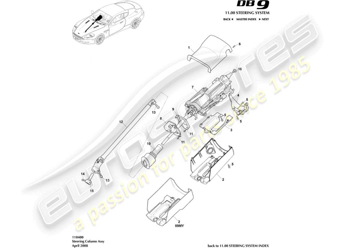 aston martin db9 (2004) steering column assembly parts diagram