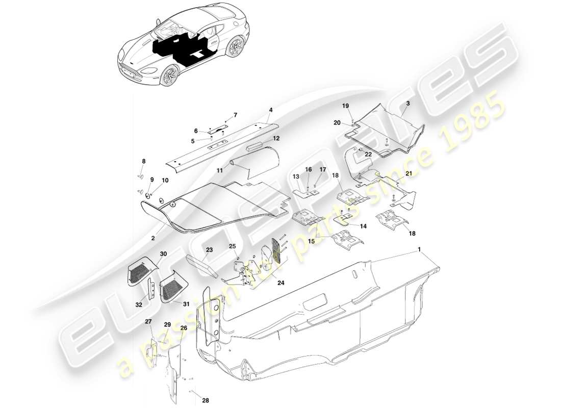 aston martin v8 vantage (2005) floor trim part diagram