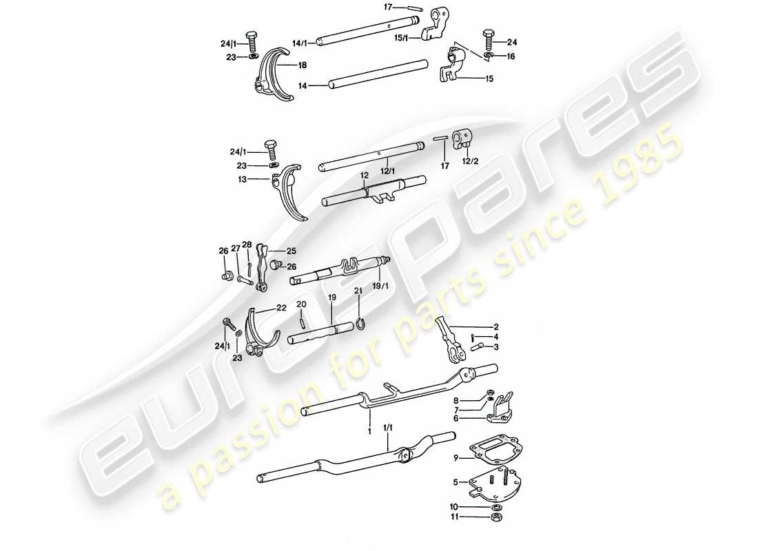 porsche 911 (1976) shift rods - shift forks parts diagram